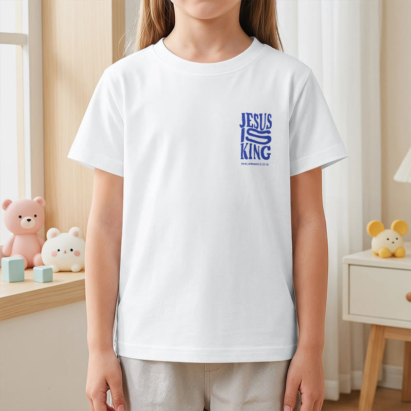 Christianartworkshop "Jesus Is King" Philippians 2:10-11 Distressed Bold Font Front Back Print Kids Short Sleeve T-Shirt - image 14