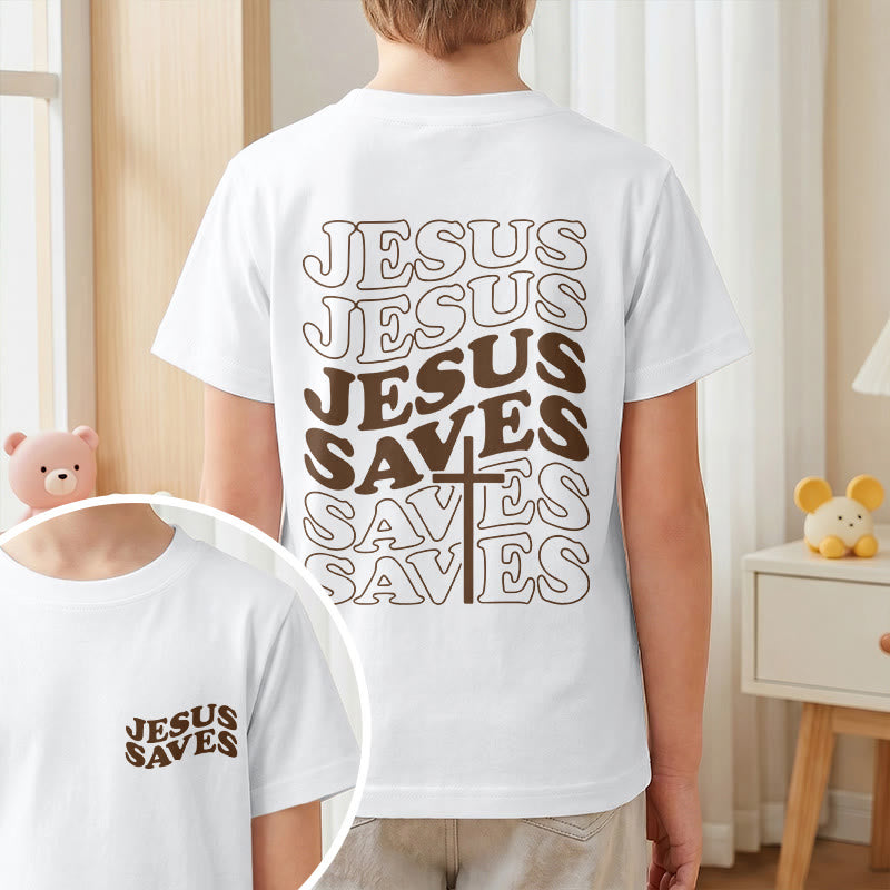 Christianartworkshop Classic "Jesus Saves" Stack Bubble Typography Cross Kids Faith Short Sleeve T-Shirt - image 1