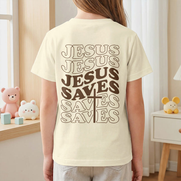 Christianartworkshop Classic "Jesus Saves" Stack Bubble Typography Cross Kids Faith Short Sleeve T-Shirt - image 17