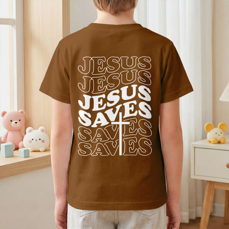 Christianartworkshop Classic "Jesus Saves" Stack Bubble Typography Cross Kids Faith Short Sleeve T-Shirt - image 25