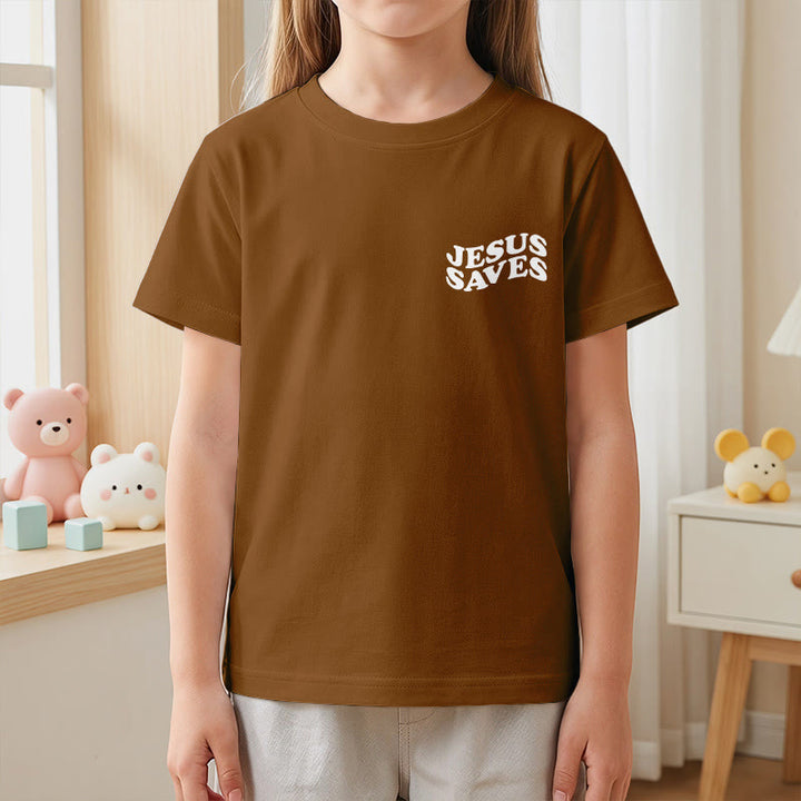 Christianartworkshop Classic "Jesus Saves" Stack Bubble Typography Cross Kids Faith Short Sleeve T-Shirt - image 23