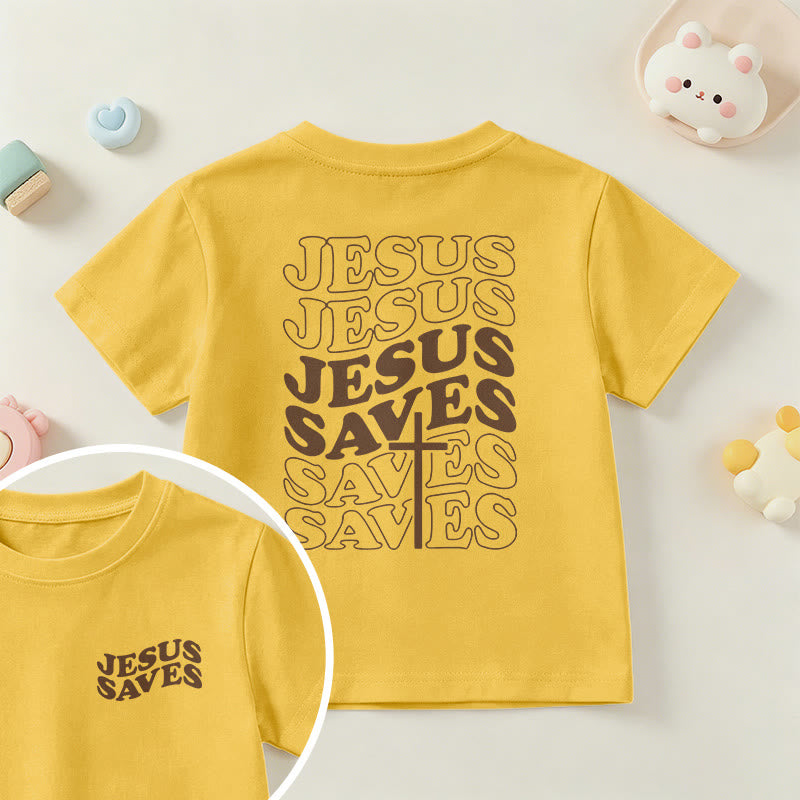 Christianartworkshop Classic "Jesus Saves" Stack Bubble Typography Cross Kids Faith Short Sleeve T-Shirt - Yellow - US/UK/AU 14, EU170 - image 27