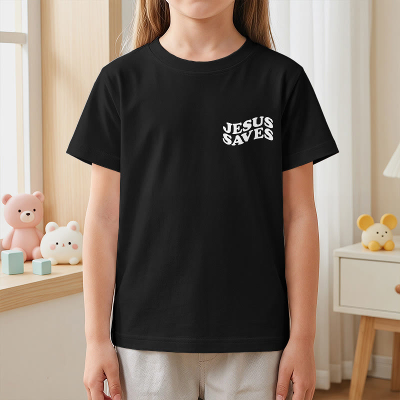 Christianartworkshop Classic "Jesus Saves" Stack Bubble Typography Cross Kids Faith Short Sleeve T-Shirt - image 41