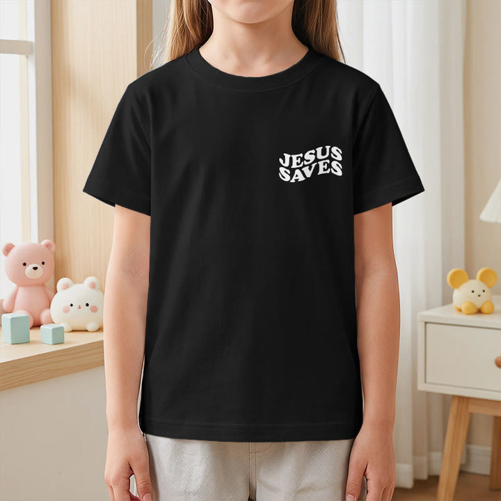 Christianartworkshop Classic "Jesus Saves" Stack Bubble Typography Cross Kids Faith Short Sleeve T-Shirt - image 41
