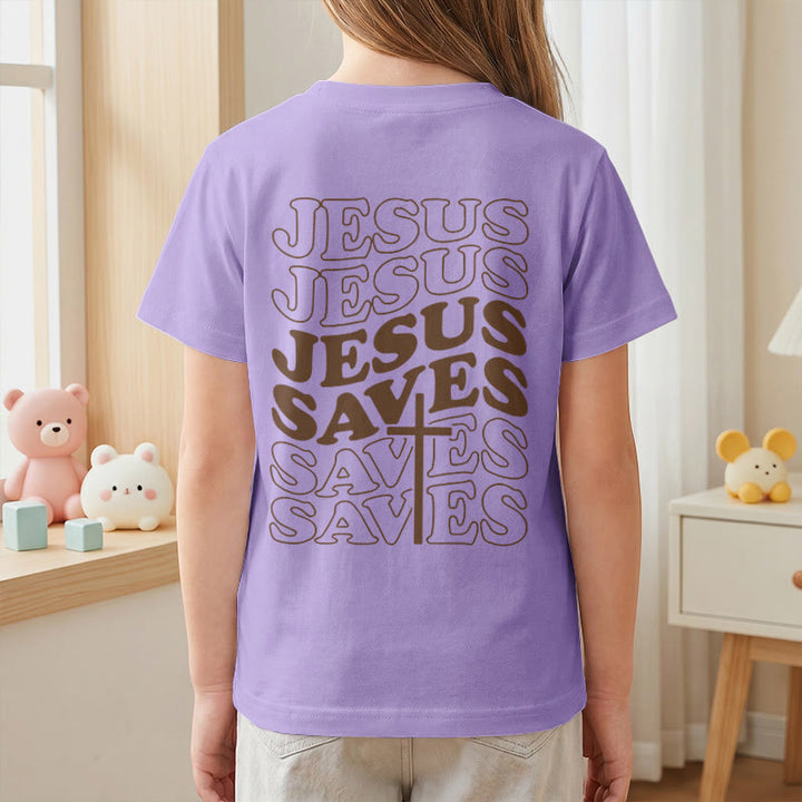Christianartworkshop Classic "Jesus Saves" Stack Bubble Typography Cross Kids Faith Short Sleeve T-Shirt - image 53