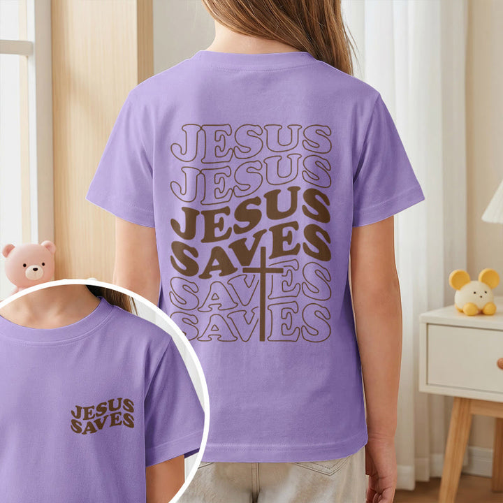 Christianartworkshop Classic "Jesus Saves" Stack Bubble Typography Cross Kids Faith Short Sleeve T-Shirt - image 47