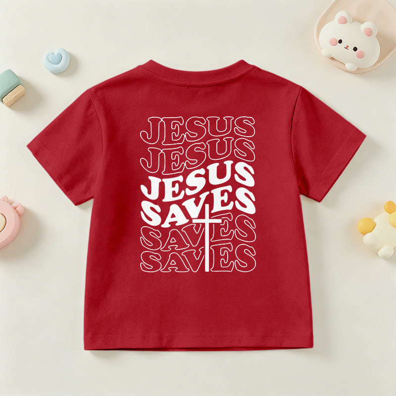 Christianartworkshop Classic "Jesus Saves" Stack Bubble Typography Cross Kids Faith Short Sleeve T-Shirt - image 60