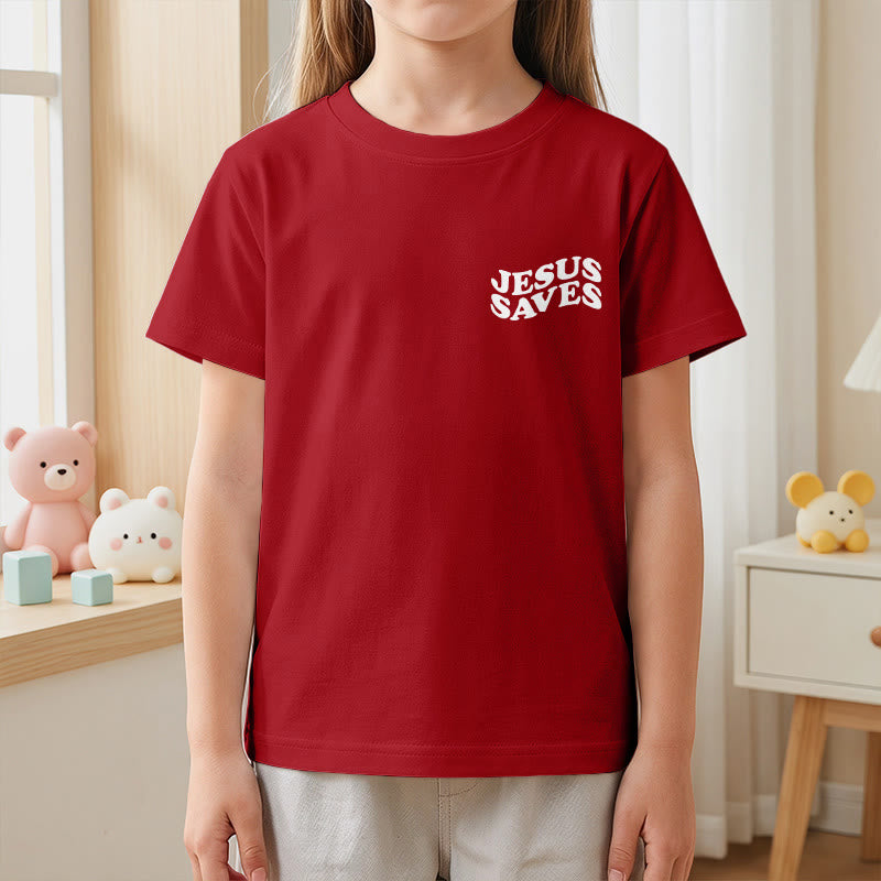 Christianartworkshop Classic "Jesus Saves" Stack Bubble Typography Cross Kids Faith Short Sleeve T-Shirt - image 59