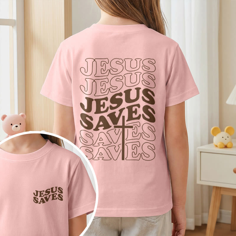 Christianartworkshop Classic "Jesus Saves" Stack Bubble Typography Cross Kids Faith Short Sleeve T-Shirt - image 65