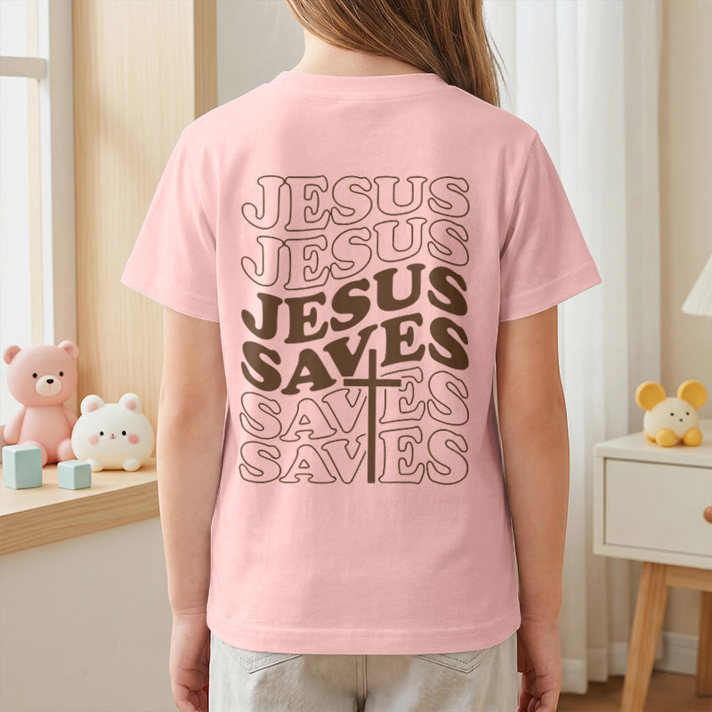 Christianartworkshop Classic "Jesus Saves" Stack Bubble Typography Cross Kids Faith Short Sleeve T-Shirt - image 71