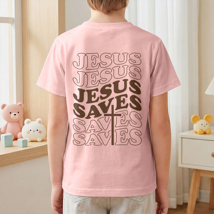 Christianartworkshop Classic "Jesus Saves" Stack Bubble Typography Cross Kids Faith Short Sleeve T-Shirt - image 70