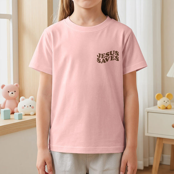 Christianartworkshop Classic "Jesus Saves" Stack Bubble Typography Cross Kids Faith Short Sleeve T-Shirt - image 68
