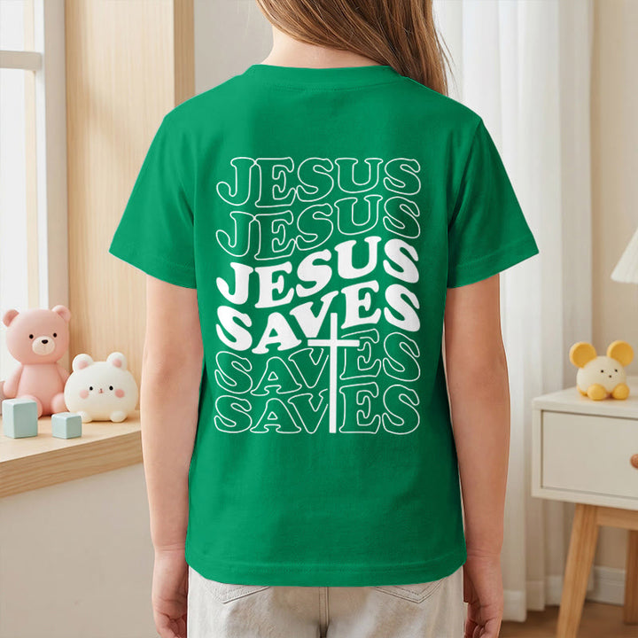 Christianartworkshop Classic "Jesus Saves" Stack Bubble Typography Cross Kids Faith Short Sleeve T-Shirt - image 80