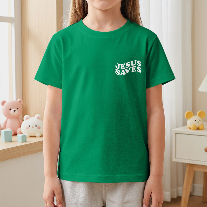 Christianartworkshop Classic "Jesus Saves" Stack Bubble Typography Cross Kids Faith Short Sleeve T-Shirt - image 77