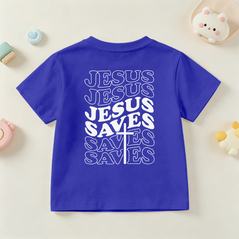 Christianartworkshop Classic "Jesus Saves" Stack Bubble Typography Cross Kids Faith Short Sleeve T-Shirt - image 87