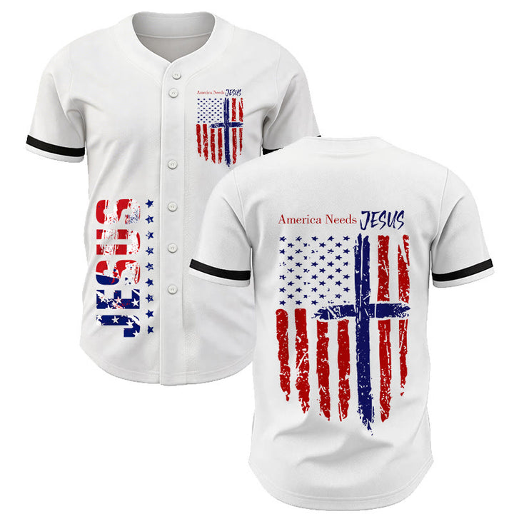 Christianartworkshop Patriotic Jesus Star Stripes Font Front Back Dual Print Black Cuff Baseball Jersey - White - 5XL - image 0