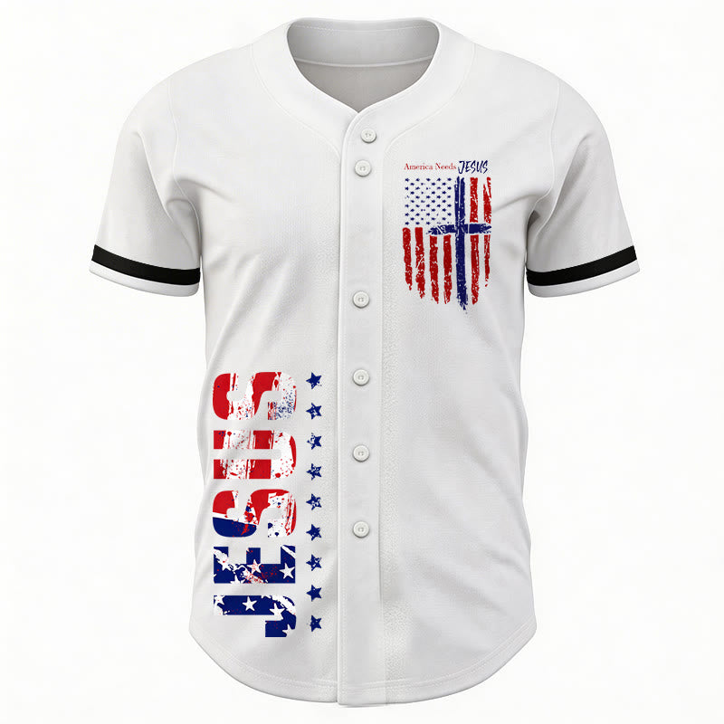 Christianartworkshop Patriotic Jesus Star Stripes Font Front Back Dual Print Black Cuff Baseball Jersey - image 1