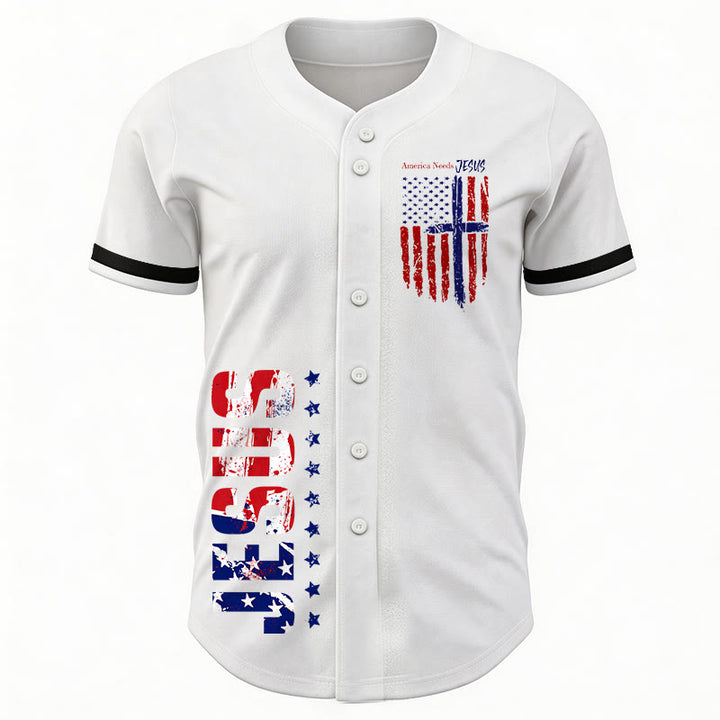 Christianartworkshop Patriotic Jesus Star Stripes Font Front Back Dual Print Black Cuff Baseball Jersey - image 1