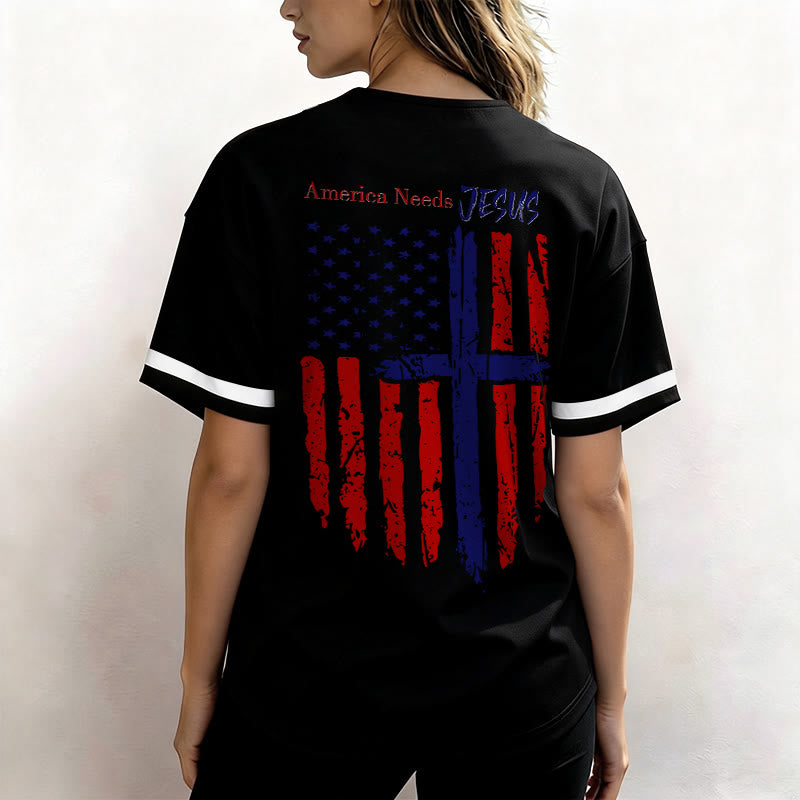 Christianartworkshop Patriotic Jesus Star Stripes Font Front Back Dual Print Black Cuff Baseball Jersey - image 13