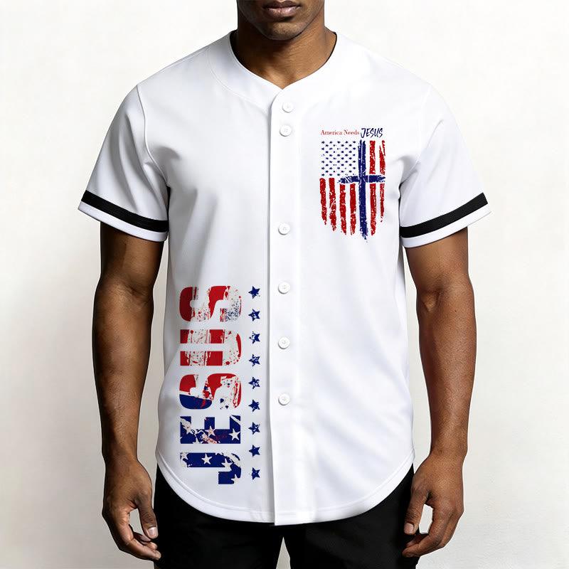 Christianartworkshop Patriotic Jesus Star Stripes Font Front Back Dual Print Black Cuff Baseball Jersey - image 2