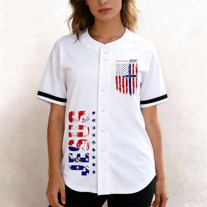 Christianartworkshop Patriotic Jesus Star Stripes Font Front Back Dual Print Black Cuff Baseball Jersey - image 3