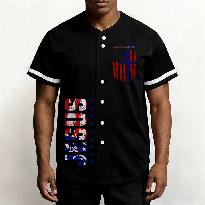 Christianartworkshop Patriotic Jesus Star Stripes Font Front Back Dual Print Black Cuff Baseball Jersey - image 9