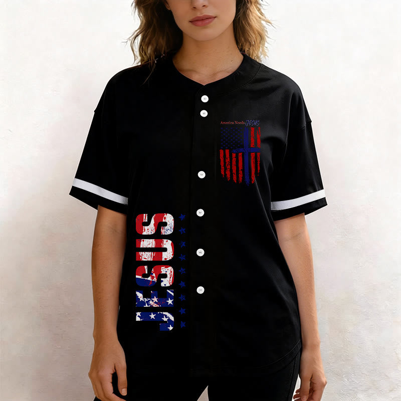 Christianartworkshop Patriotic Jesus Star Stripes Font Front Back Dual Print Black Cuff Baseball Jersey - image 10