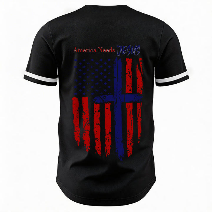 Christianartworkshop Patriotic Jesus Star Stripes Font Front Back Dual Print Black Cuff Baseball Jersey - image 11