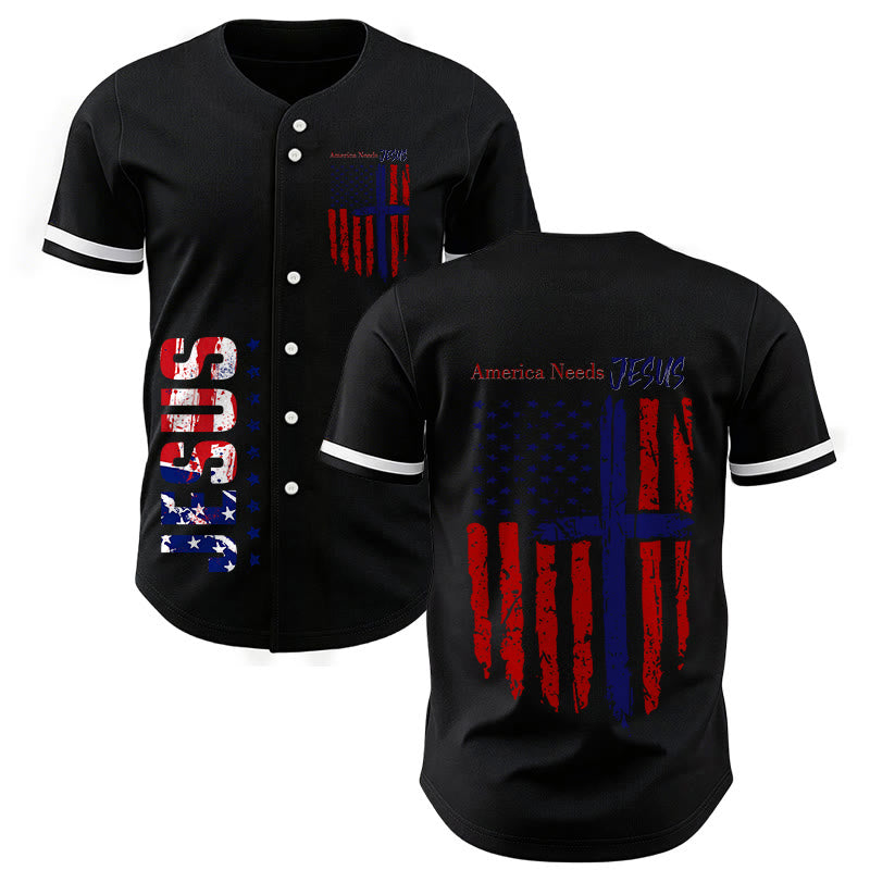 Christianartworkshop Patriotic Jesus Star Stripes Font Front Back Dual Print Black Cuff Baseball Jersey - Black - 5XL - image 7
