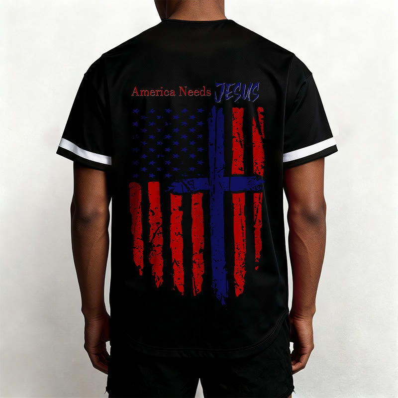 Christianartworkshop Patriotic Jesus Star Stripes Font Front Back Dual Print Black Cuff Baseball Jersey - image 12