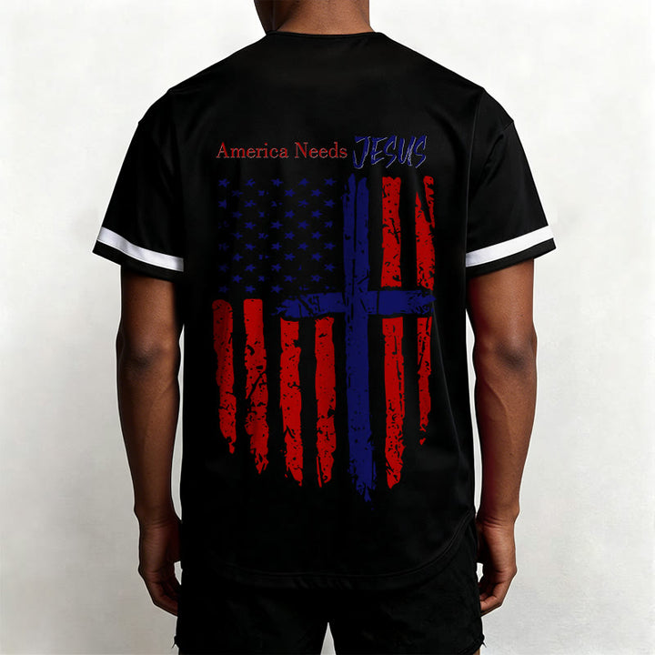 Christianartworkshop Patriotic Jesus Star Stripes Font Front Back Dual Print Black Cuff Baseball Jersey - image 12