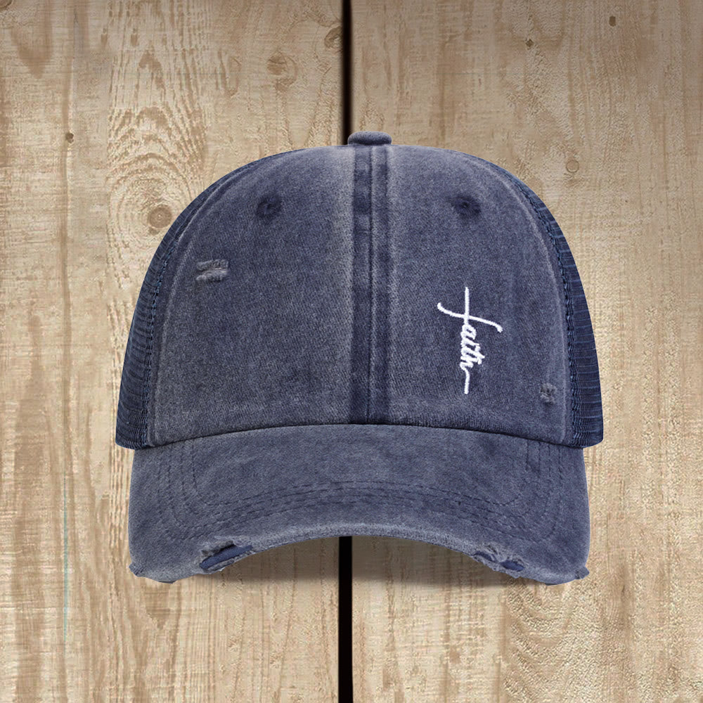 Christianartworkshop Faith Cross Cursive Embroidery Distressed Mesh Back Unisex Trucker Cap - image 3
