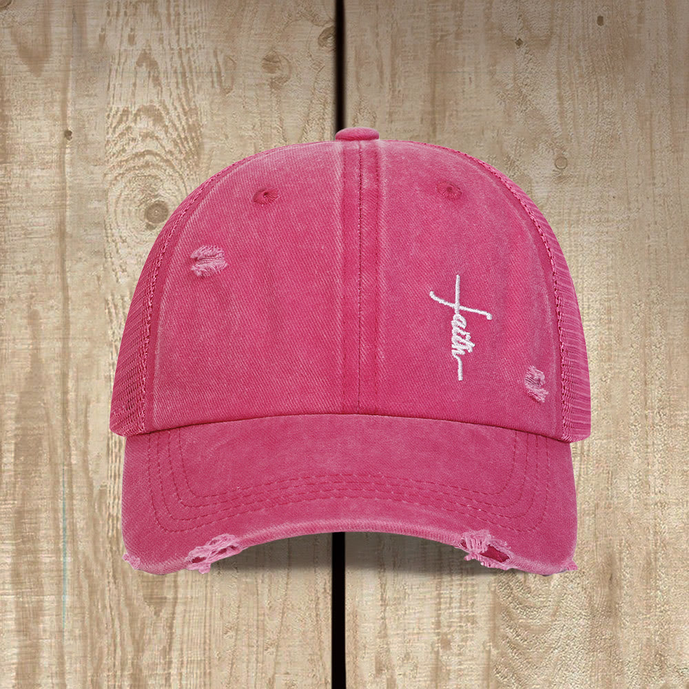 Christianartworkshop Faith Cross Cursive Embroidery Distressed Mesh Back Unisex Trucker Cap - image 5