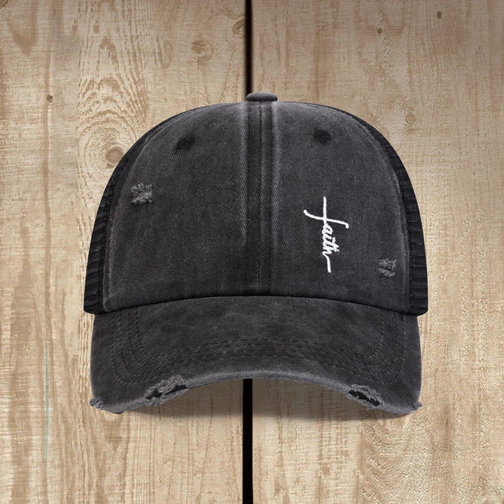 Christianartworkshop Faith Cross Cursive Embroidery Distressed Mesh Back Unisex Trucker Cap - image 1