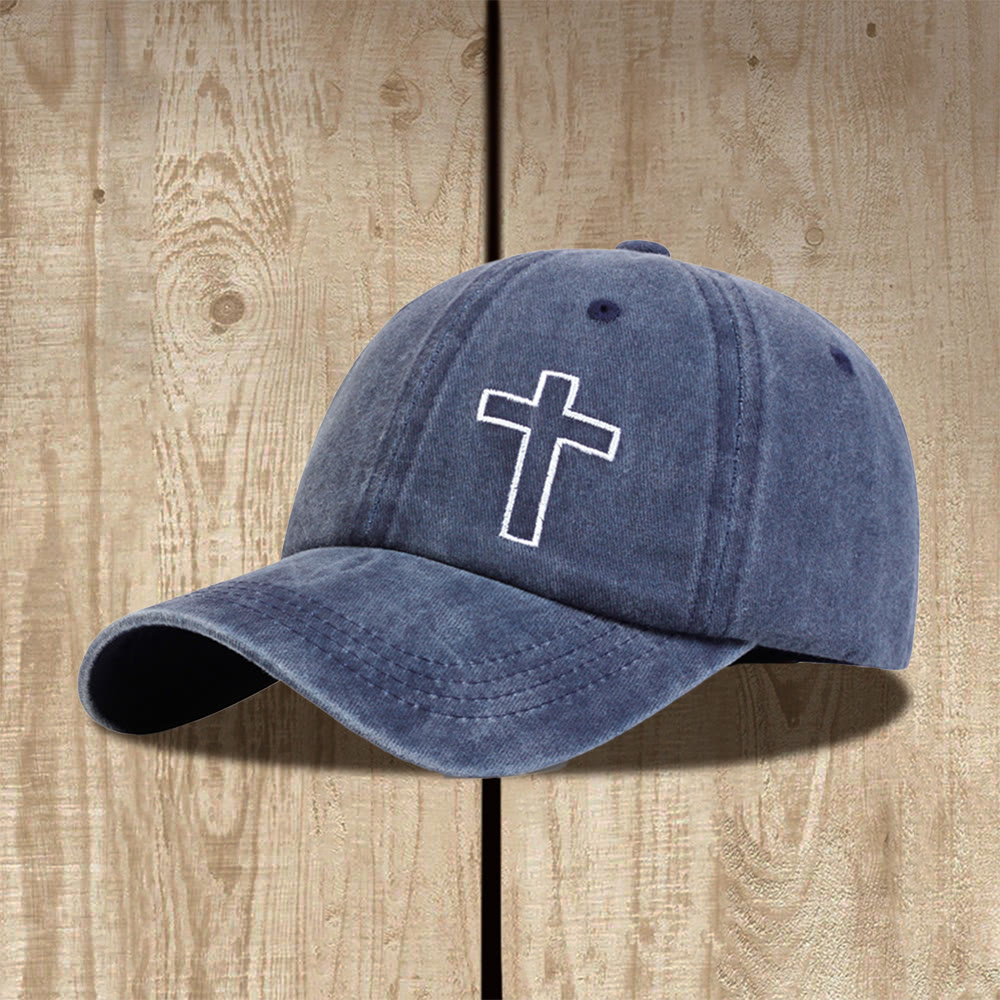 Christianartworkshop Single Outline Cross Embroidery Vintage Washed Unisex Adjustable Baseball Cap - Navy Blue - image 0