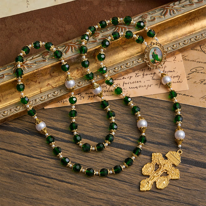 Christianartworkshop St. Jude Devotional Rosary with Green Glass & Crucifix - St. Jude & Crucifix - image 0