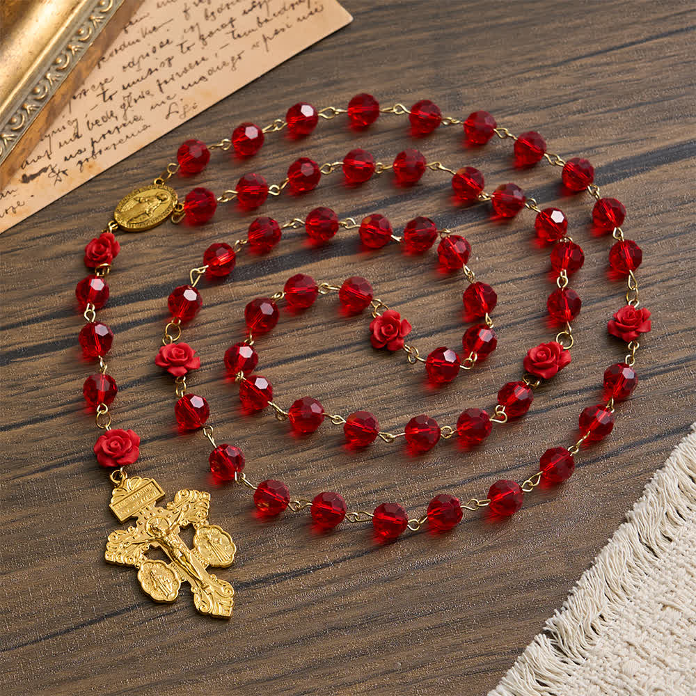 Christianartworkshop Crimson Rose & Red Glass Our Lady Rosary: Sacred Vintage Elegance - image 0