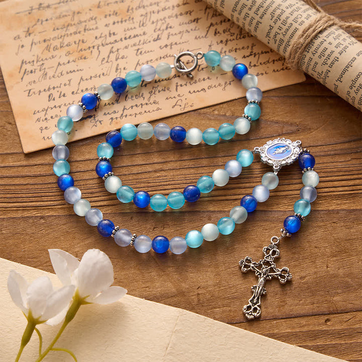 Christianartworkshop Tri-Color Blue Frosted Bead Our Lady Rosary Necklace with OT Clasp: Daily Wear Devotion - Our Lady & Crucifix - image 0