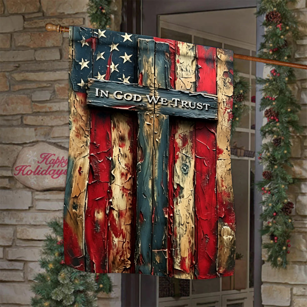 Christianartworkshop Vintage Peeling Plank Effect Patriotic Yard Flag with Lettered Sacred Cross Embellishment - 90×150cm (3×5 ft.) - image 0