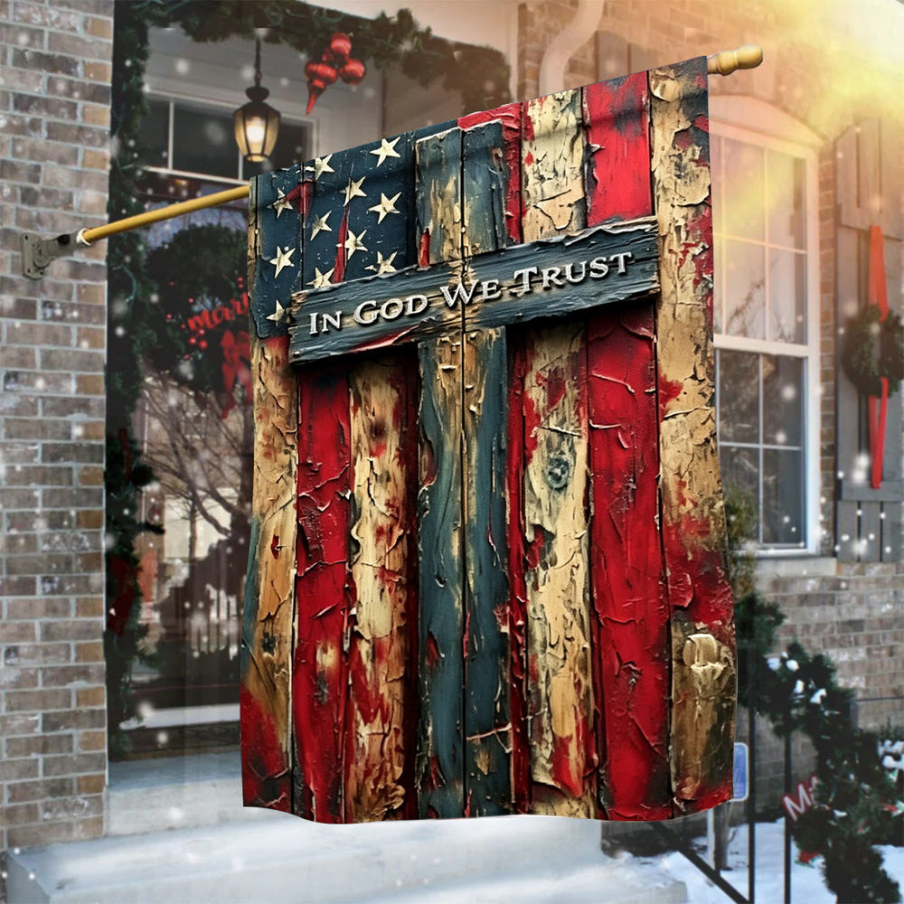 Christianartworkshop Vintage Peeling Plank Effect Patriotic Yard Flag with Lettered Sacred Cross Embellishment - image 1
