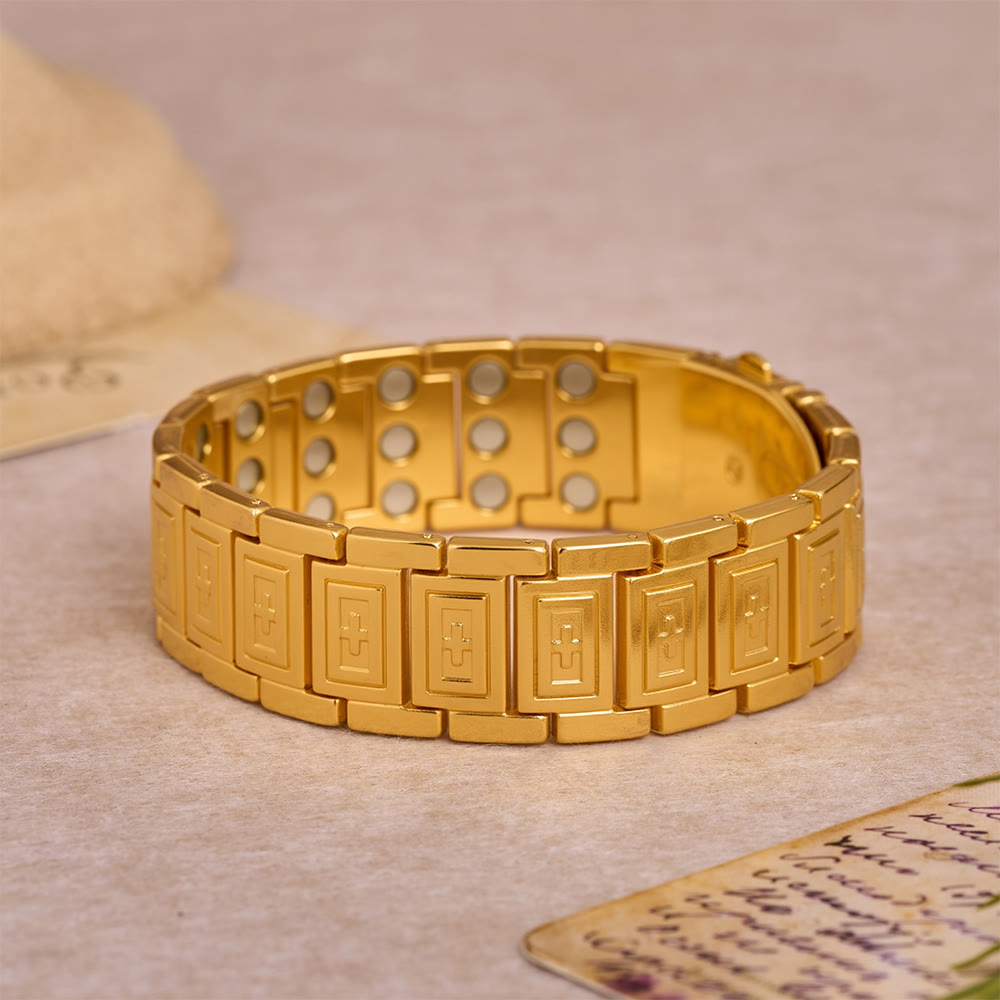 Christianartworkshop Watch-Band Style Link Bracelet with Recessed Embossed Cross on Each Rectangular Link - Golden - image 4