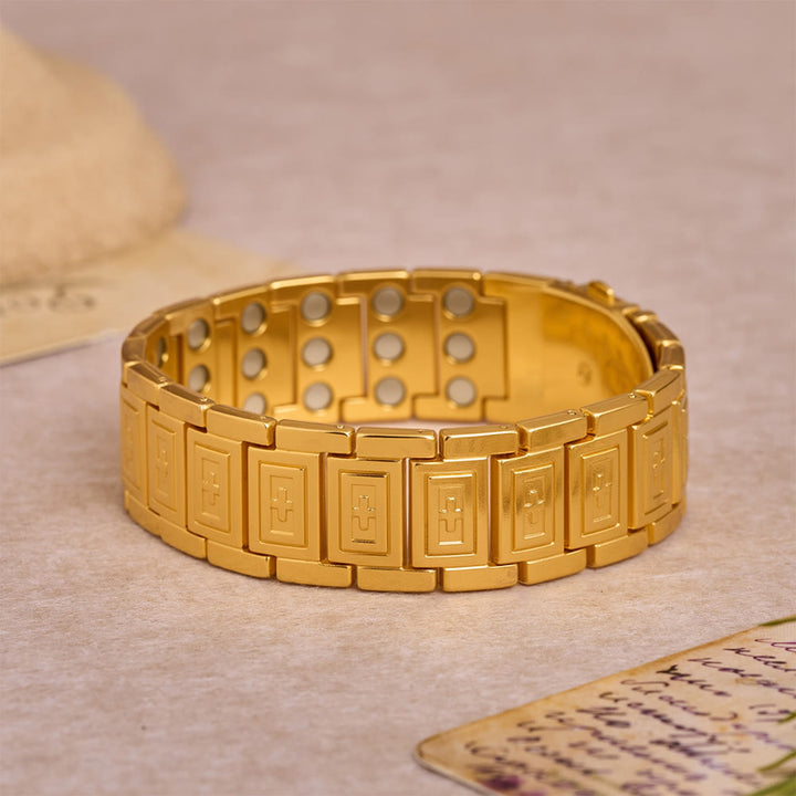 FREE Today: Watch-Band Style Link Bracelet with Recessed Embossed Cross on Each Rectangular Link - Golden - image 4