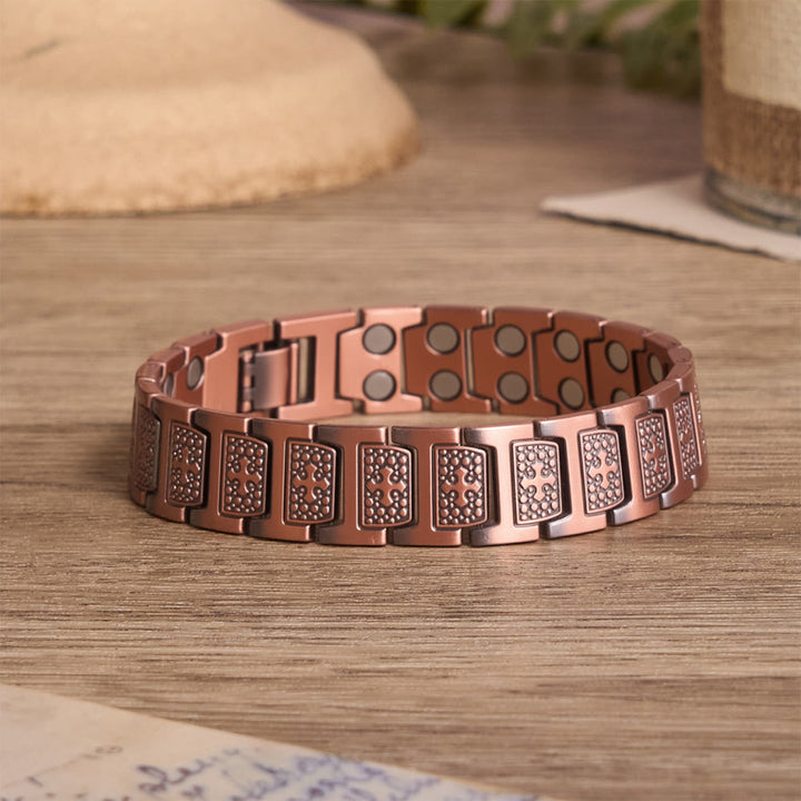 Christianartworkshop Rectangular Solid Link Bracelet with Bubble Bead Framed Cross Engraving & Foldable Adjustable Clasp - Bronze - image 0