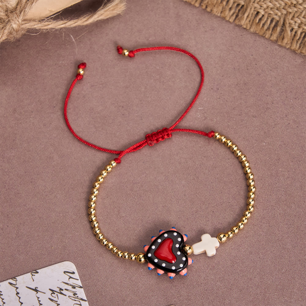 FREE Today: Cartoon Style Hand-Decorated Sacred Heart & Tiny Cross Accent Gold Bead Adjustable Cord Bracelet - A - image 2