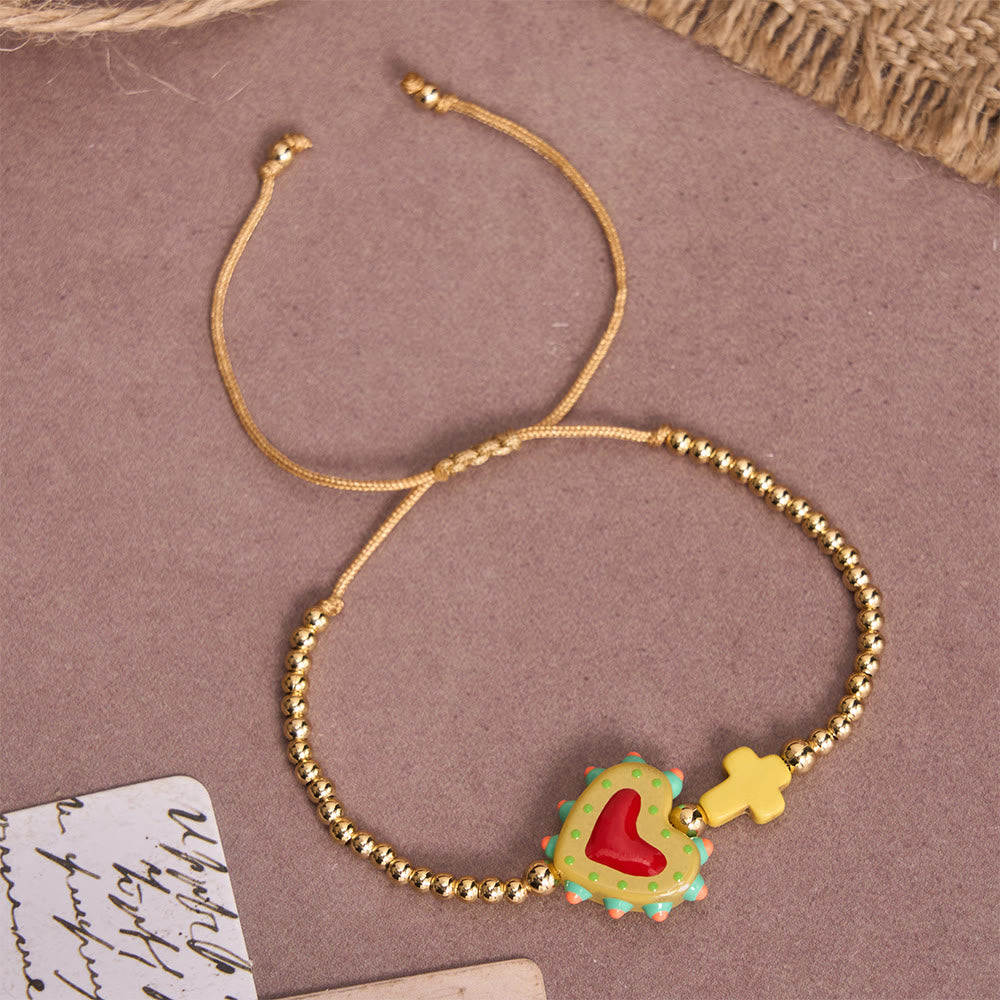 Christianartworkshop Cartoon Style Hand-Decorated Sacred Heart & Tiny Cross Accent Gold Bead Adjustable Cord Bracelet - B - image 4