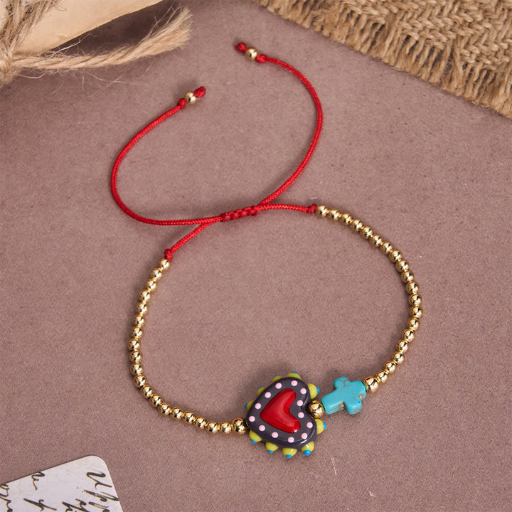 Christianartworkshop Cartoon Style Hand-Decorated Sacred Heart & Tiny Cross Accent Gold Bead Adjustable Cord Bracelet - C - image 6