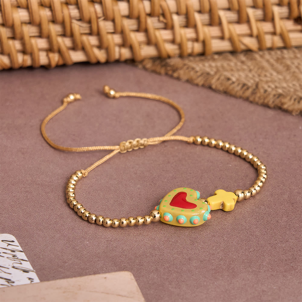 FREE Today: Cartoon Style Hand-Decorated Sacred Heart & Tiny Cross Accent Gold Bead Adjustable Cord Bracelet - image 5