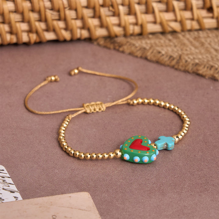 Christianartworkshop Cartoon Style Hand-Decorated Sacred Heart & Tiny Cross Accent Gold Bead Adjustable Cord Bracelet - image 13