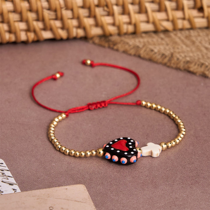 FREE Today: Cartoon Style Hand-Decorated Sacred Heart & Tiny Cross Accent Gold Bead Adjustable Cord Bracelet - image 3