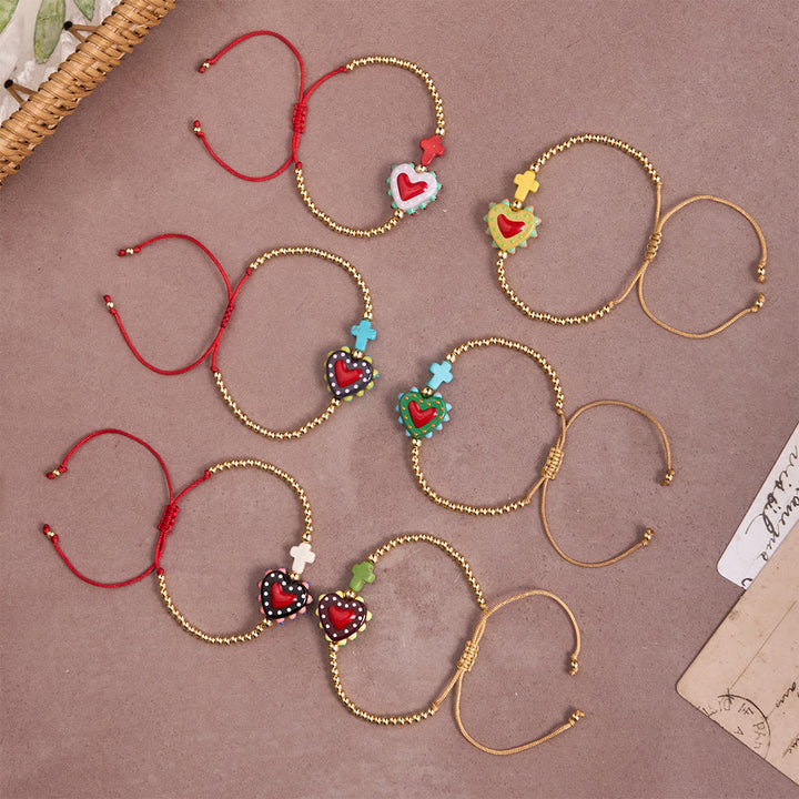FREE Today: Cartoon Style Hand-Decorated Sacred Heart & Tiny Cross Accent Gold Bead Adjustable Cord Bracelet - image 1